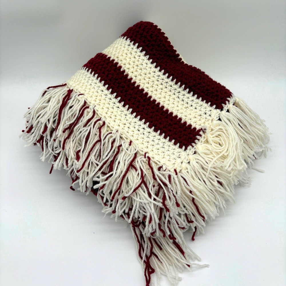 Vintage Style Crochet Striped Throw Blanket Burgundy Cream Boho Fringe Afghan